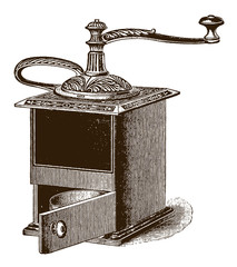 Attractive, antique coffee grinder mill after an engraving or etching from the 19th century © M