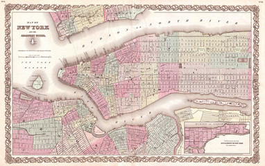 1855, Colton Map of New York City, Manhattan, Brooklyn, Hoboken, first edition