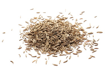 Pile of cumin, caraway seeds isolated on white background