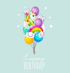 Happy Birthday greeting card with balloons on blue background. Cute unicorn and rainbow balloons card for invitation or print. Vector illustration