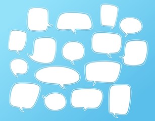 Set of white bubble speech designs. Dialogue templates isolated on blue background.