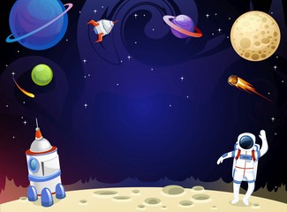 Cartoon space background with empty space in the middle. Vector cosmic illustration for party, greeting card, invitation, certificates etc © Microstocker.Pro