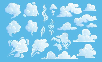 Steam clouds set. White cartoon sky and steam clouds on blue background. Vector illustration - obrazy, fototapety, plakaty