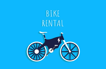 Fototapeta na wymiar Bike rental. Rent bike. Electric Bike with blue and white color. E-Bike. Bicycle sign for web or print in flat design. Blue background. Vector illustration.