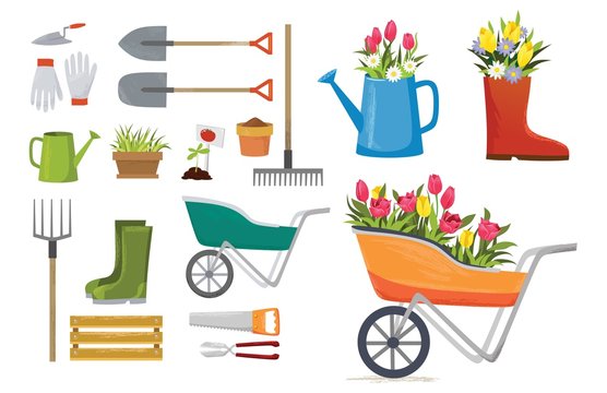Set of colorful spring elements and decorations for garden. Vector spring cartoon set