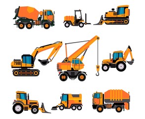 Set of different building equipment on white background. Concrete mixer, wheel loaders, excavator, bulldozer, front loader, backhoe loader.