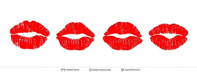 Set of red lips prints isolated on white.