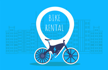 Fototapeta na wymiar Bike rental. Rent bike. Electric Bike. Bicycle sign for web or print in flat design. Blue background with big city on background. Vector illustration.