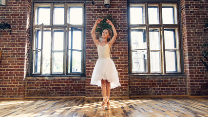 Young ballerina in white tutu practicing dance moves.