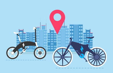 Bikes white, blue and black. Electric Bike. Bicycle sign for web or print in flat design. blue background with big city and geolocation icon on background. Vector illustration.