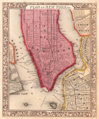 1860, Mitchell Map of New York City, New York, first edition - obrazy, fototapety, plakaty