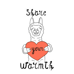 Vector illustration on the theme of Valentine's Day with heart,   lettering and cute alpaca  in coral and black colors on a white background. Great for gift tags and greeting cards