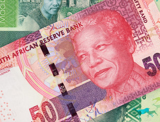 South Africa 50 rand banknote, Nelson Mandela. South African money currency close up. Africa...
