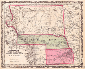 1862, Johnson Map of Kansas, Nebraska and Dakota