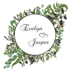 Wedding floral invitation, invite card. Vector watercolorgreen forest leaf, fern, brunia, branches boxwood, buxus, eucalyptus and chamaelaucium. Natura, botanical green decorative round frame