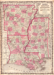 1862, Johnson Map of Louisiana, Mississippi and Arkansas