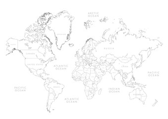 Highly detailed world map with labeling. Border country vector illustration.