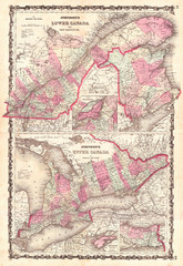 1862, Johnson Map of Ontario and Quebec, Canada