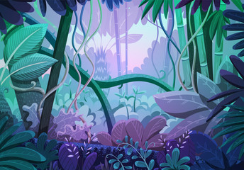 Vector illustration of tropical jungle background. Landscape with purple and pink colors at sunrise. Rainforest with dense vegetation of trees, bushes and lianes. 