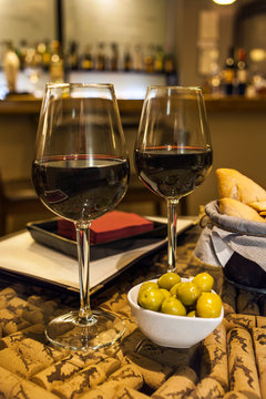 Wine With Olives And Bread Tapas In Bar, Malaga, Spain