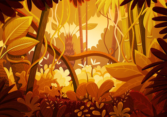 Vector illustration of tropical jungle background. Landscape with orange and red colors at sunset. Rainforest with dense vegetation of trees, bushes and lianes. 