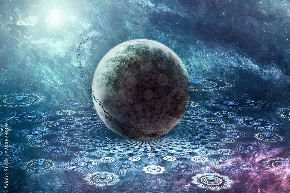 Poster abstract artistic fractal 3d computer generating ball on an artwork background
