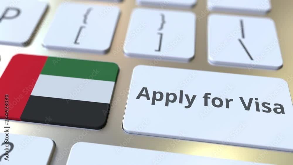 Poster apply for visa text and flag of the united arab emirates uae on the buttons on the computer keyboard