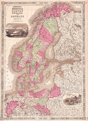 1864, Johnson Map of Scandinavia, Norway, Sweden, Denmark, Prussia