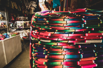 Colorful Woven Blankets at Market in Mexico (Close-up)