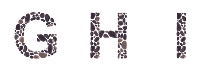 G, H and I letters made of beach stones isolated on white background