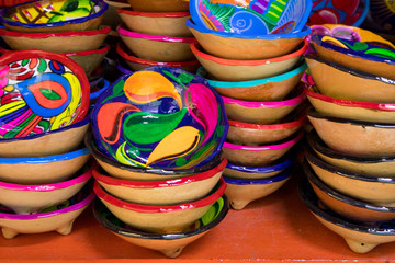 Hand-painted Clay Bowls in Mexico City Market (Pottery)