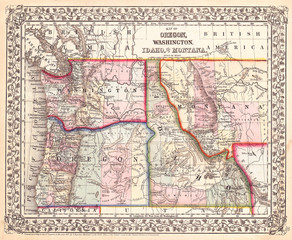 Fototapeta na wymiar 1867, Mitchell Map of Oregon, Washington, Idaho and Montana