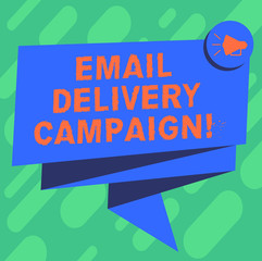 Conceptual hand writing showing Email Delivery Campaign. Business photo showcasing sending a commercial message to a group of showing Folded 3D Ribbon Sash Speech Bubble photo for Celebration