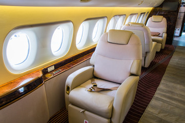 Luxury interior of genuine leather in the modern business jet