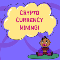 Writing note showing Crypto Currency Mining. Business photo showcasing recording transaction record in the blockchain system Baby Sitting on Rug with Pacifier Book and Cloud Speech Bubble