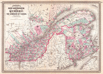 1870, Johnson Map of Quebec, Canada