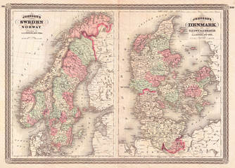 1870, Johnson Map of Sweden, Norway and Denmark