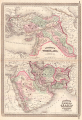 Fototapeta na wymiar 1870, Johnson Map of Turkey, Persia, Arabia, Iran, Iraq, Afghanistan