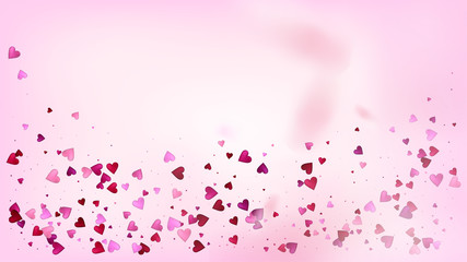 Red, Pink Hearts Vector Confetti. Valentines Day Romantic Pattern. Beautiful Pink Design Valentines Day Decoration with Falling Down Hearts Confetti. Rich VIP Gift, Birthday Card, Poster Background
