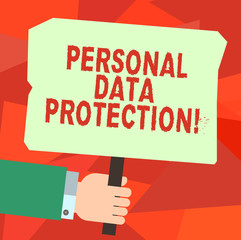Conceptual hand writing showing Personal Data Protection. Business photo text Keeping secure the demonstratingal data information Hu analysis Hand Holding Colored Placard with Stick Text Space