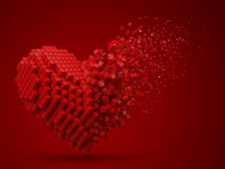 heart shaped, dissolving data block. made with red cubes. 3d pixel style vector illustration.