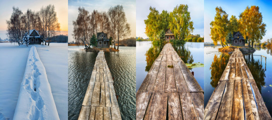 four seasons. hut on a small island. bridge to hut
