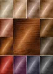 Color chart for tints. Hair color palette with a wide range of swatches. Dyed hair color samples arranged on a card in neat rows. Tints. Colour set. Hair texture in diferent colours.