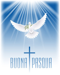 Happy Easter in Italian. Greeting card with cross, white dove and olive branch. Vector illustration.