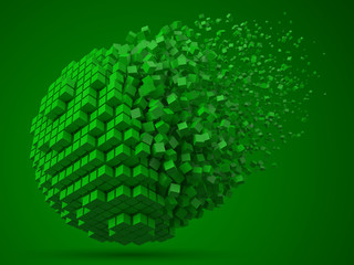 dissolving spherical data block. made with green cubes. 3d pixel style vector illustration.