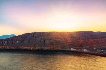 Sea and rocky shores in the fjords of the Gulf of Oman