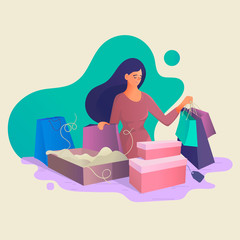 Girl after shopping with purchases. Online Shopping for Women. Seasonal sale at store, shop, mall. 