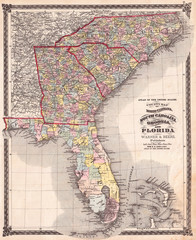 1874, Beers Map of Florida, Georgia, North Carolina and South Carolina