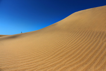 A minimalism of Maspalomas sand dunes in Gran Canaria. A tiny man in the background gives a create scale how huge the sand dunes are.