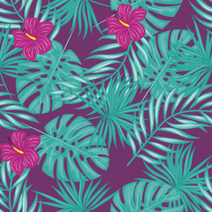 Tropical pattern with hibiscus flowers and leaves. Exotic seamless pattern with tropical leaves. Ethnic Background with Hawaiian flowers and plants.